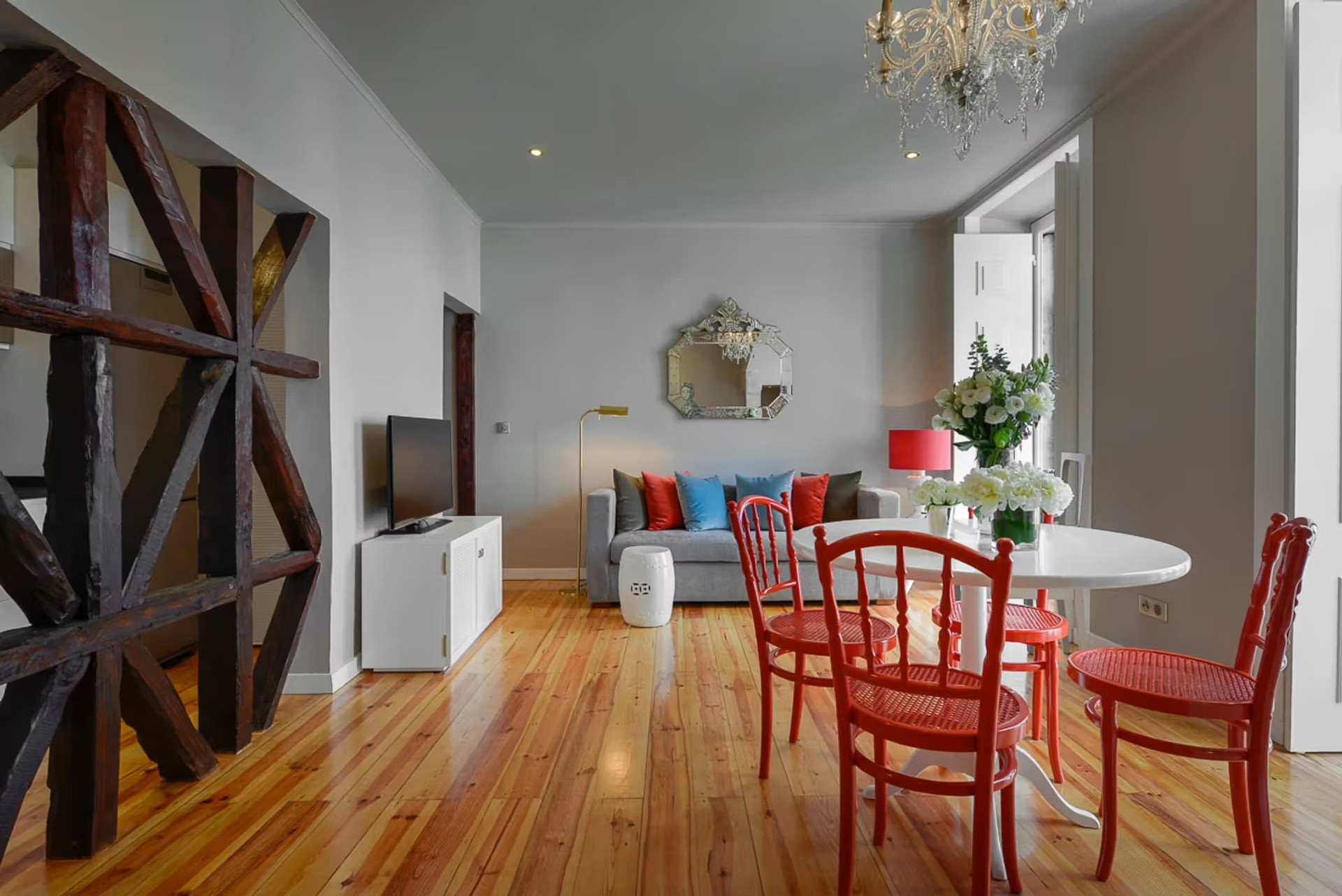 Open living room with chandelier