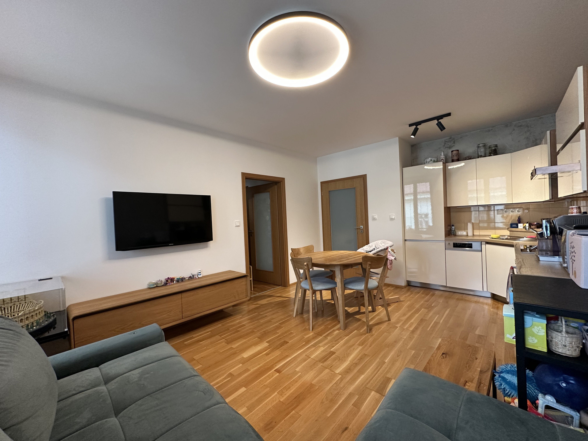 Open living room dining kitchen area