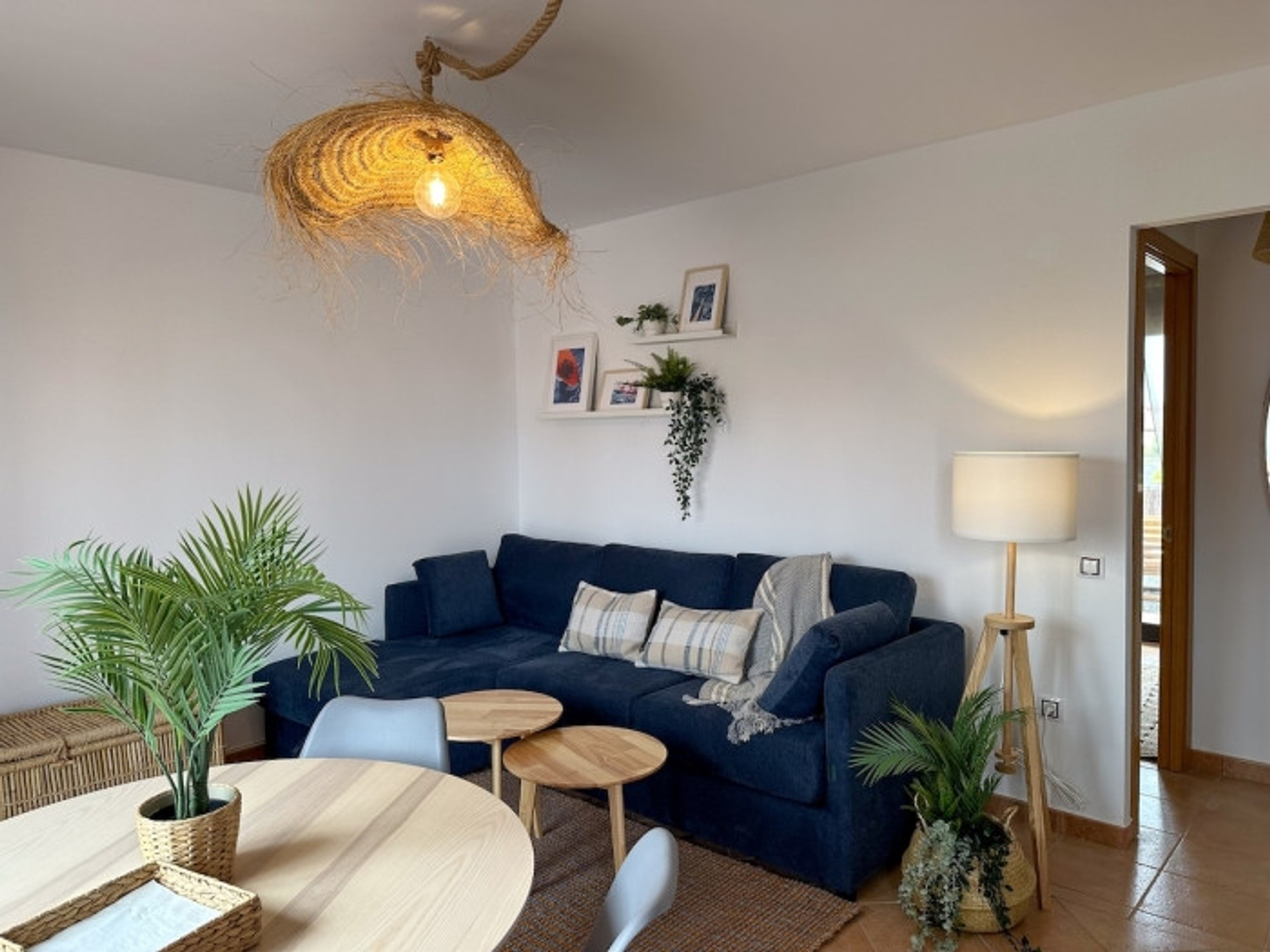 Living room with blue sofa