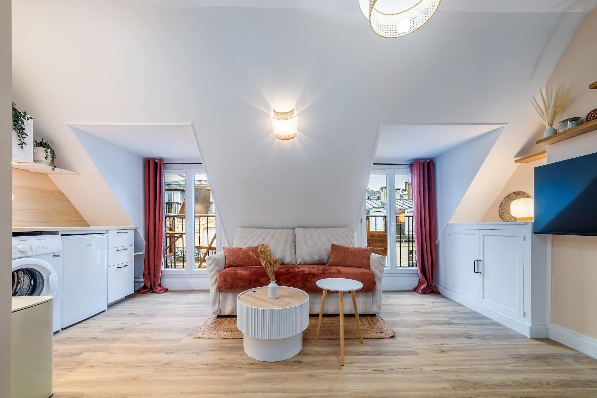 Cozy living room with skylight windows
