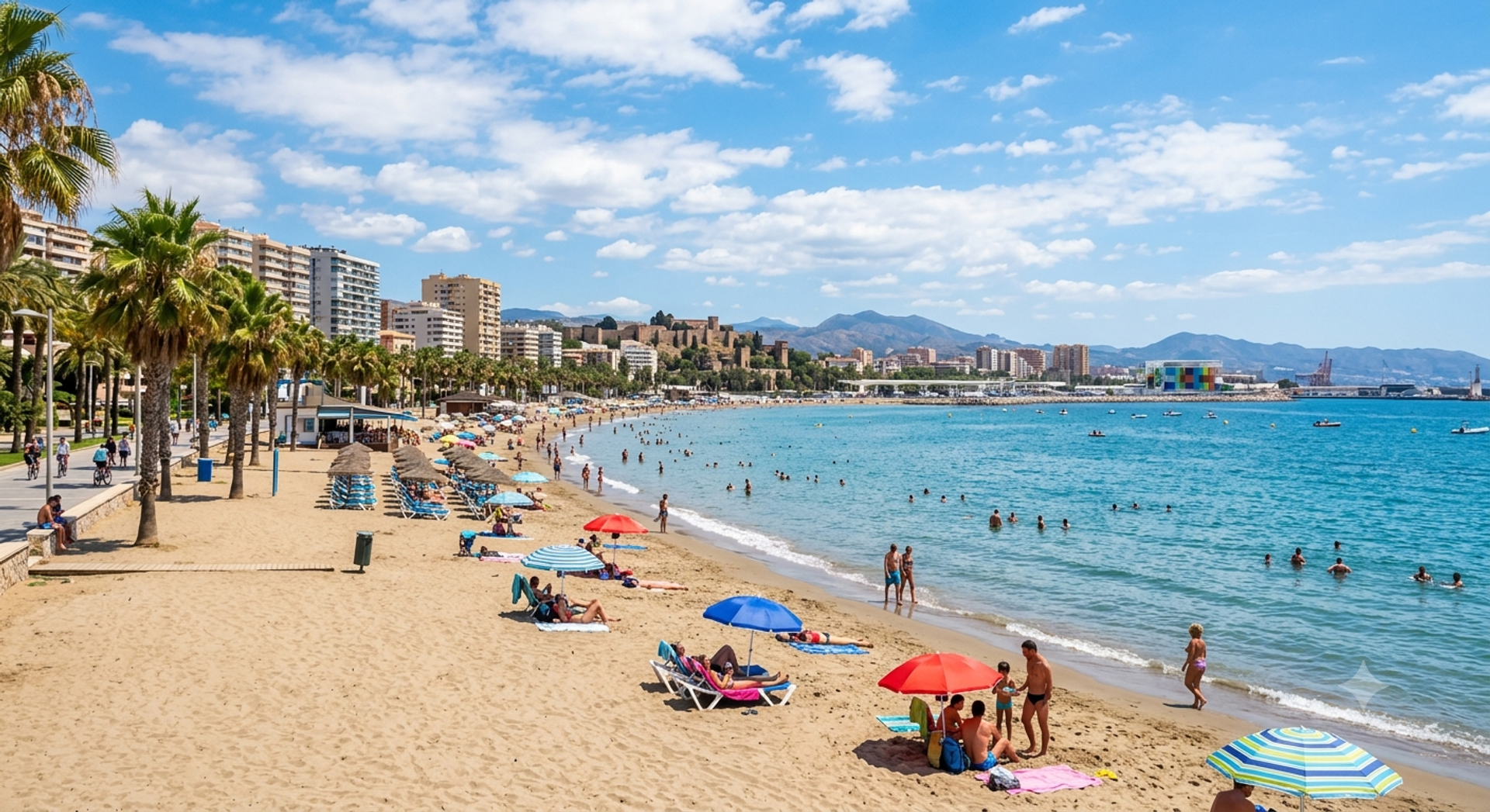 Busy Malaga beach summer day