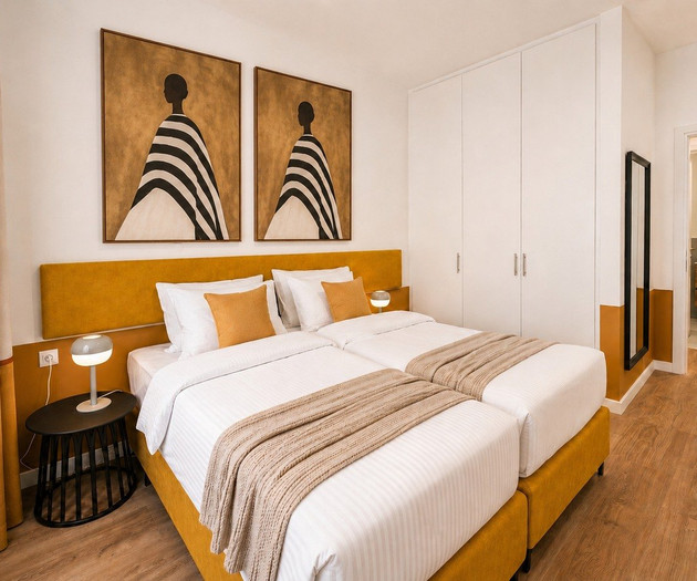 Bedroom with wardrobe and bathroom view