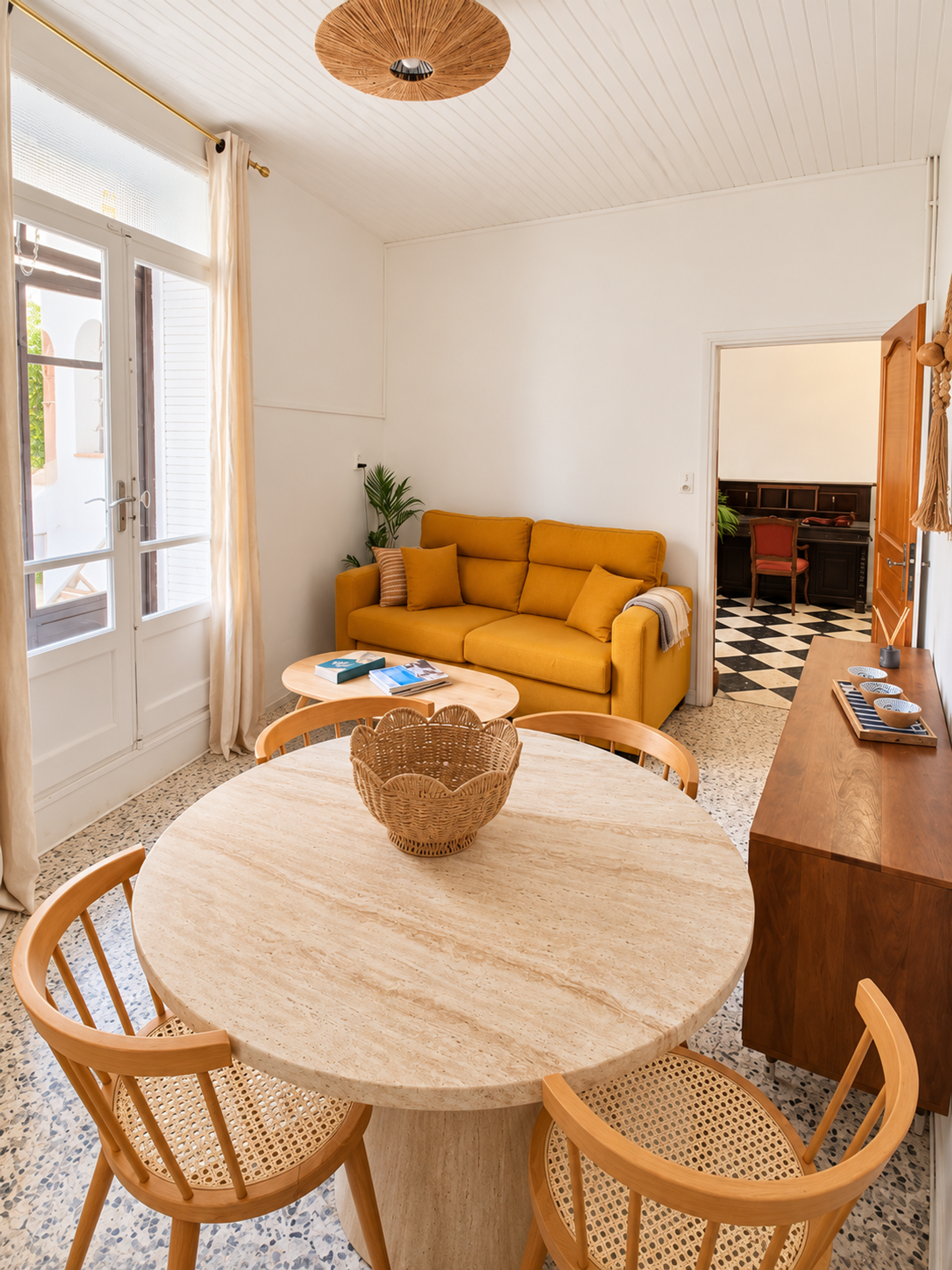 Living room with yellow sofa