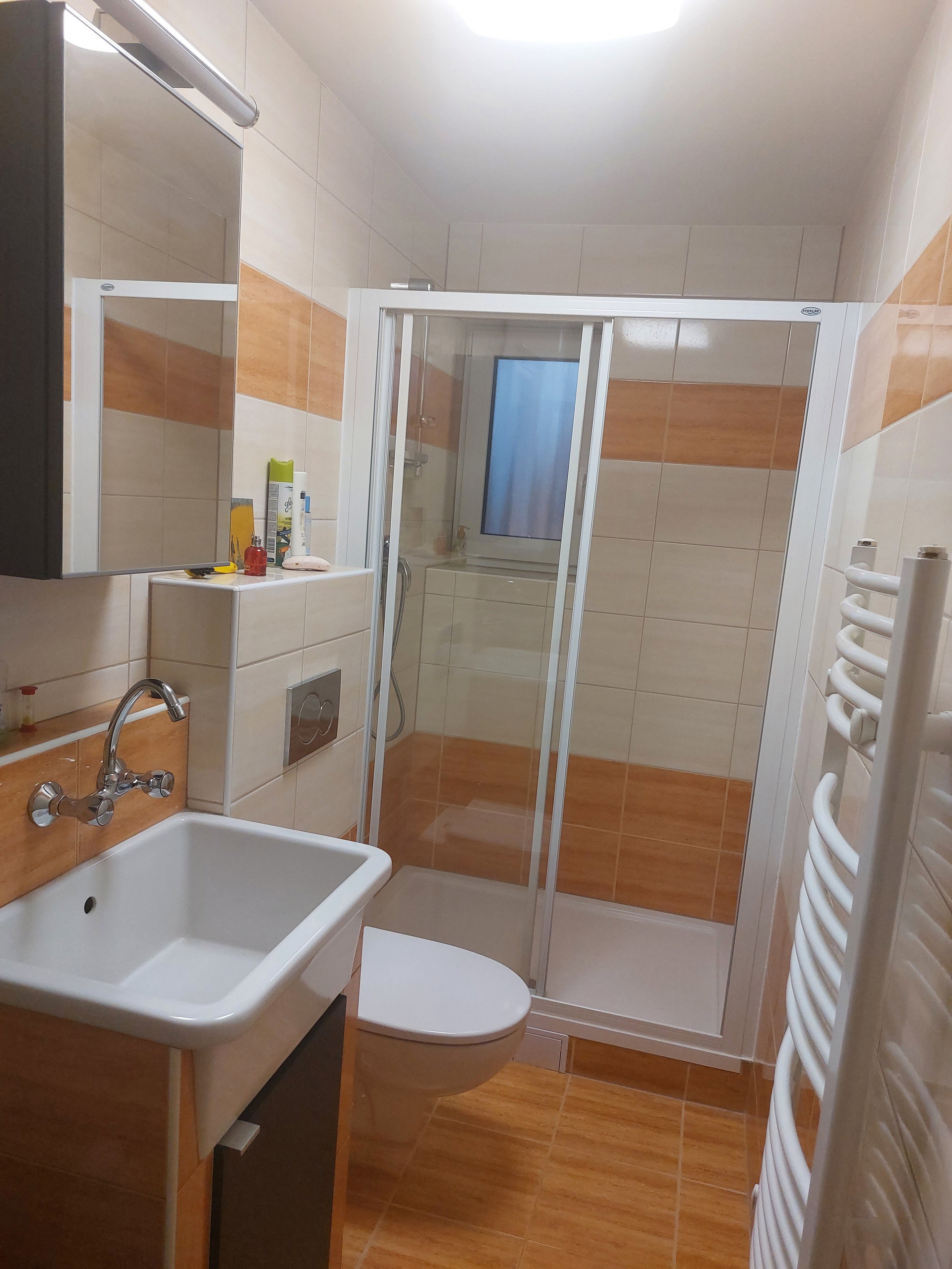 Bathroom with shower and heated towel rail