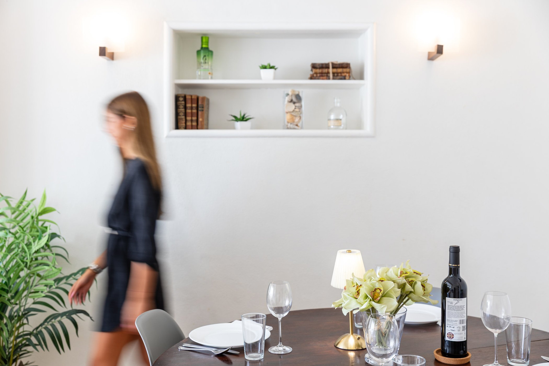 Dining table with wall shelf