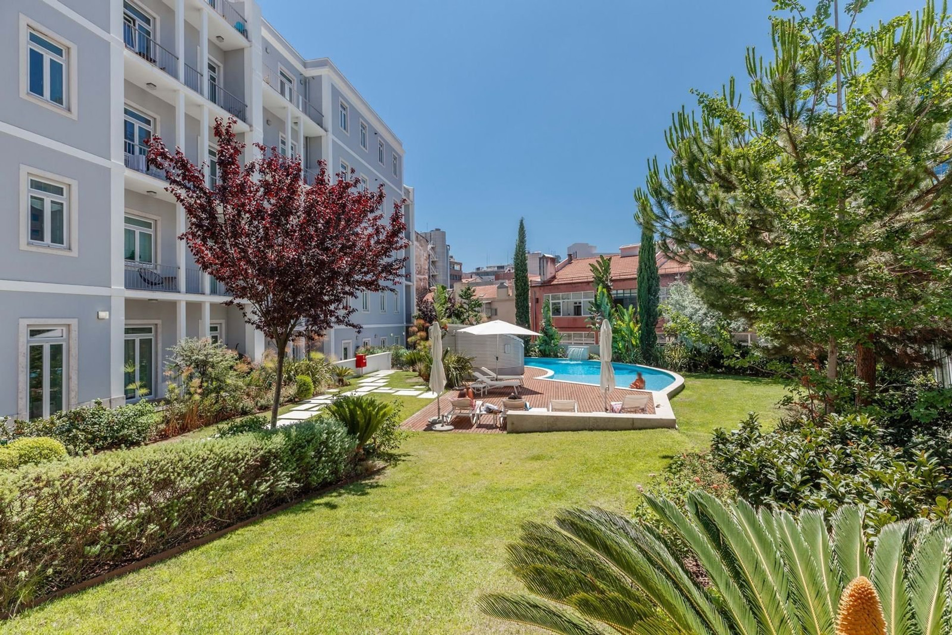 Garden and pool with sun loungers