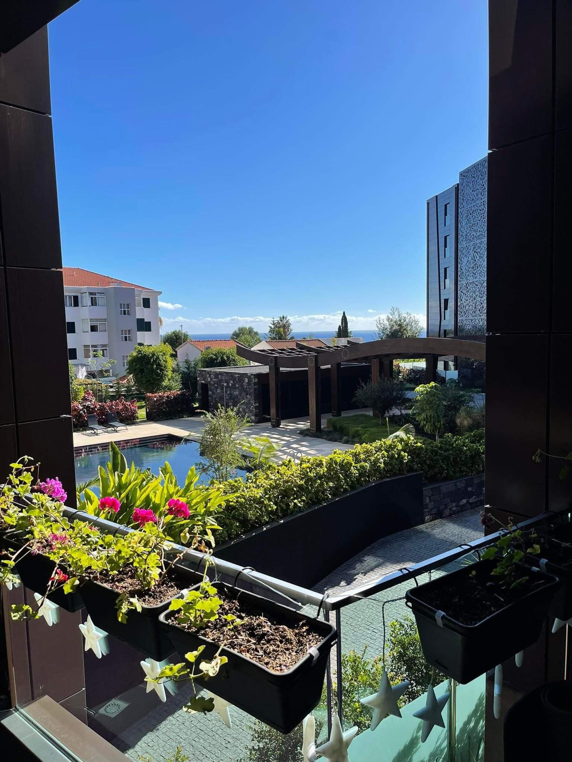 Balcony view over pool and garden