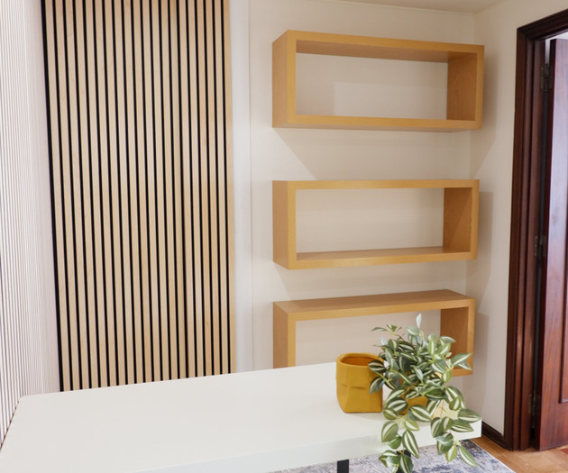 Desk area with shelves