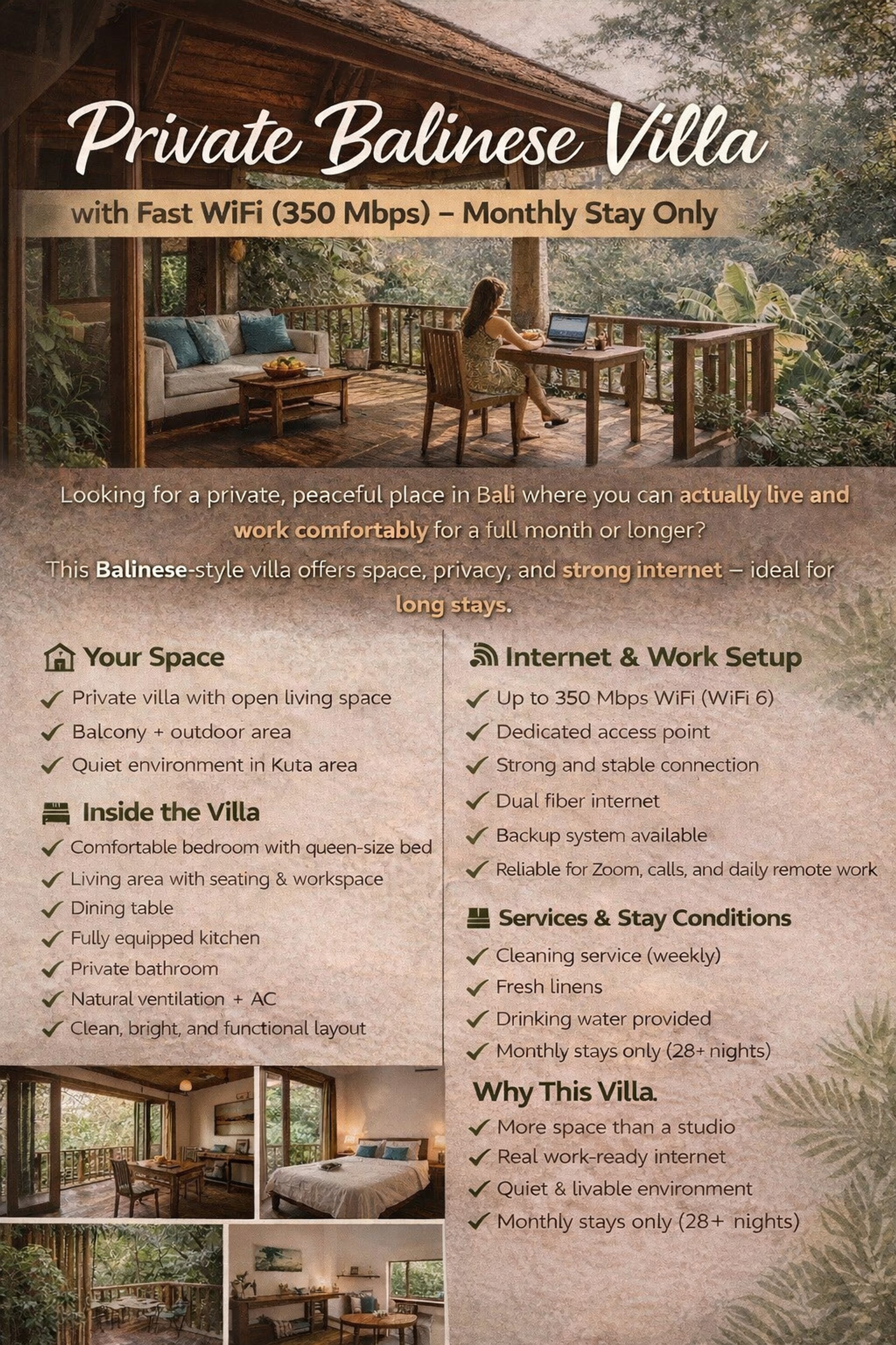Private Balinese Villa – 350 Mbps WiFi – Monthly Stay