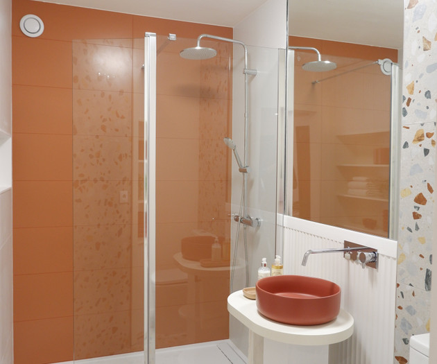 Bathroom with red basin