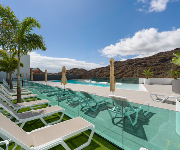 Pool deck with palm trees
