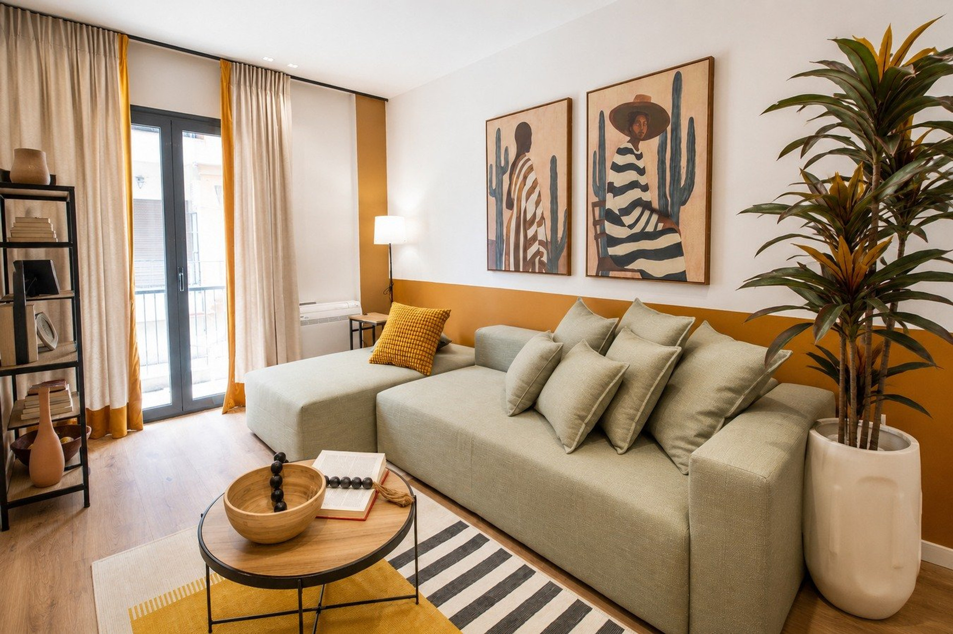 Living room with green sofa