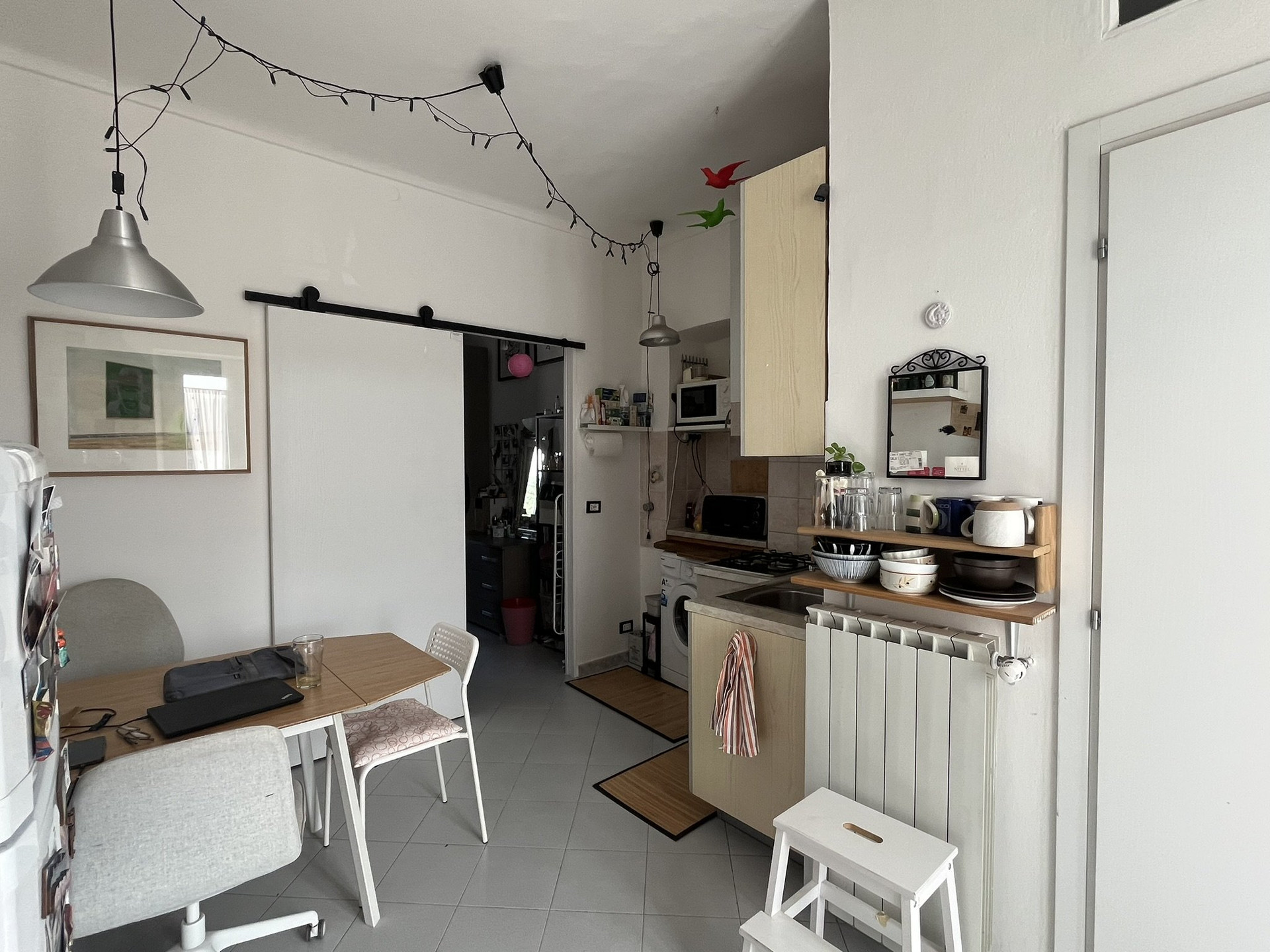 Kitchen dining area with barn door