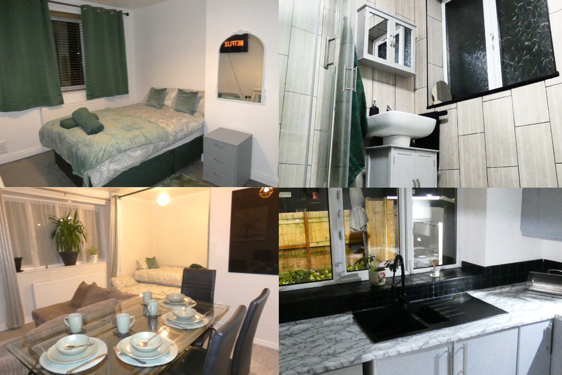 Bedroom, bathroom, dining area, kitchen
