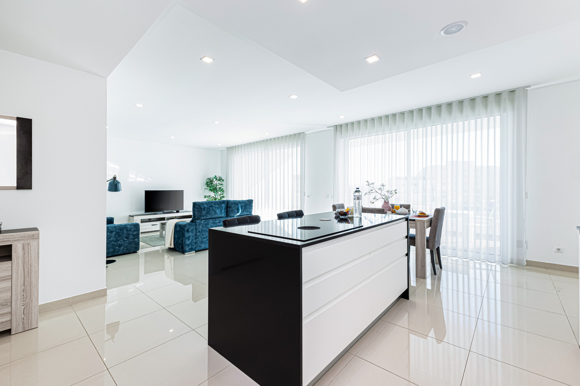 Open-plan kitchen island and living area