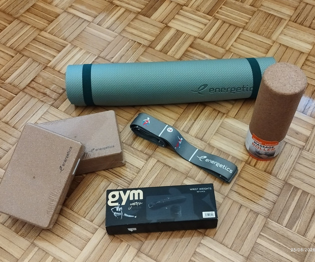 Yoga equipment set displayed