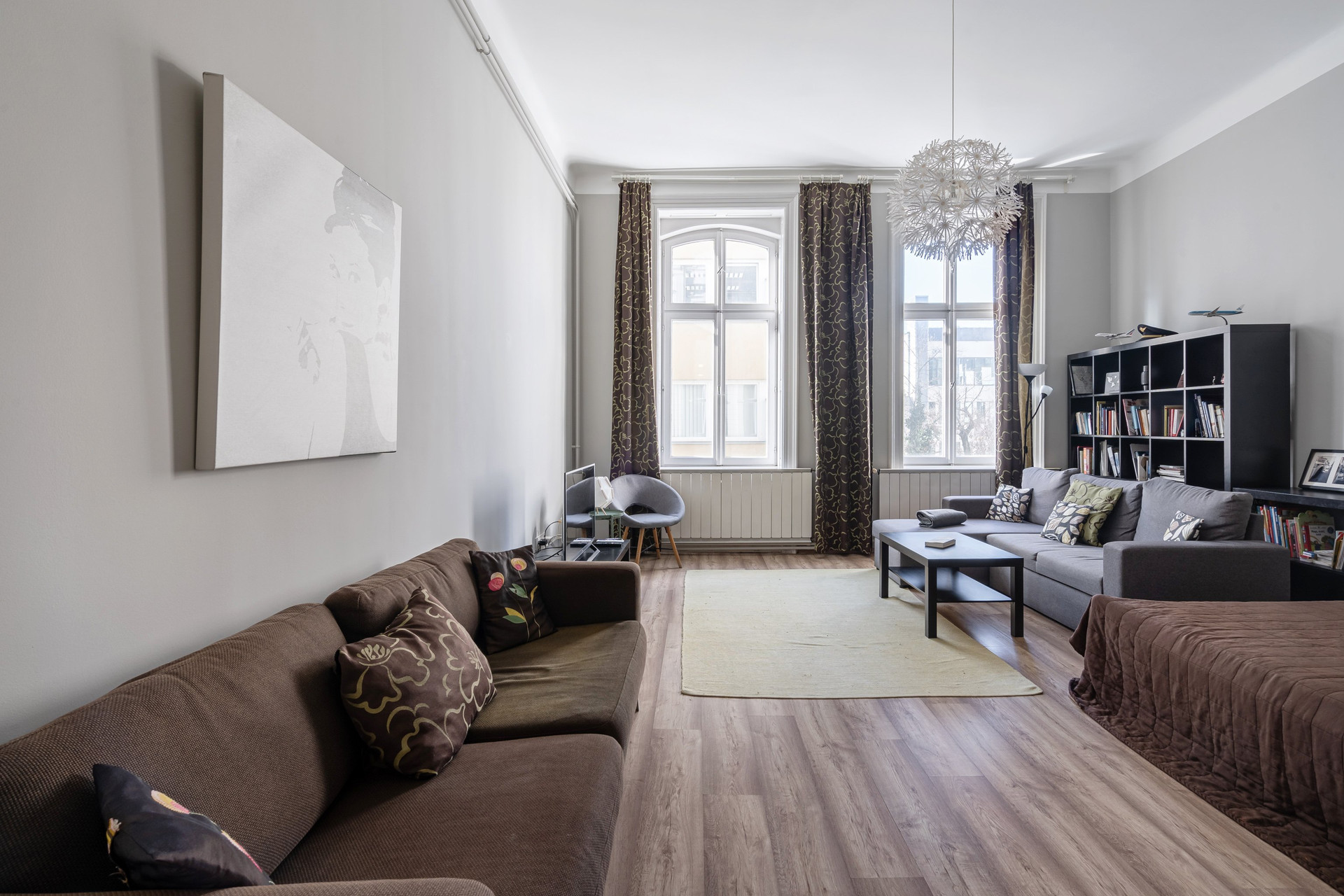 Long living room with sofas