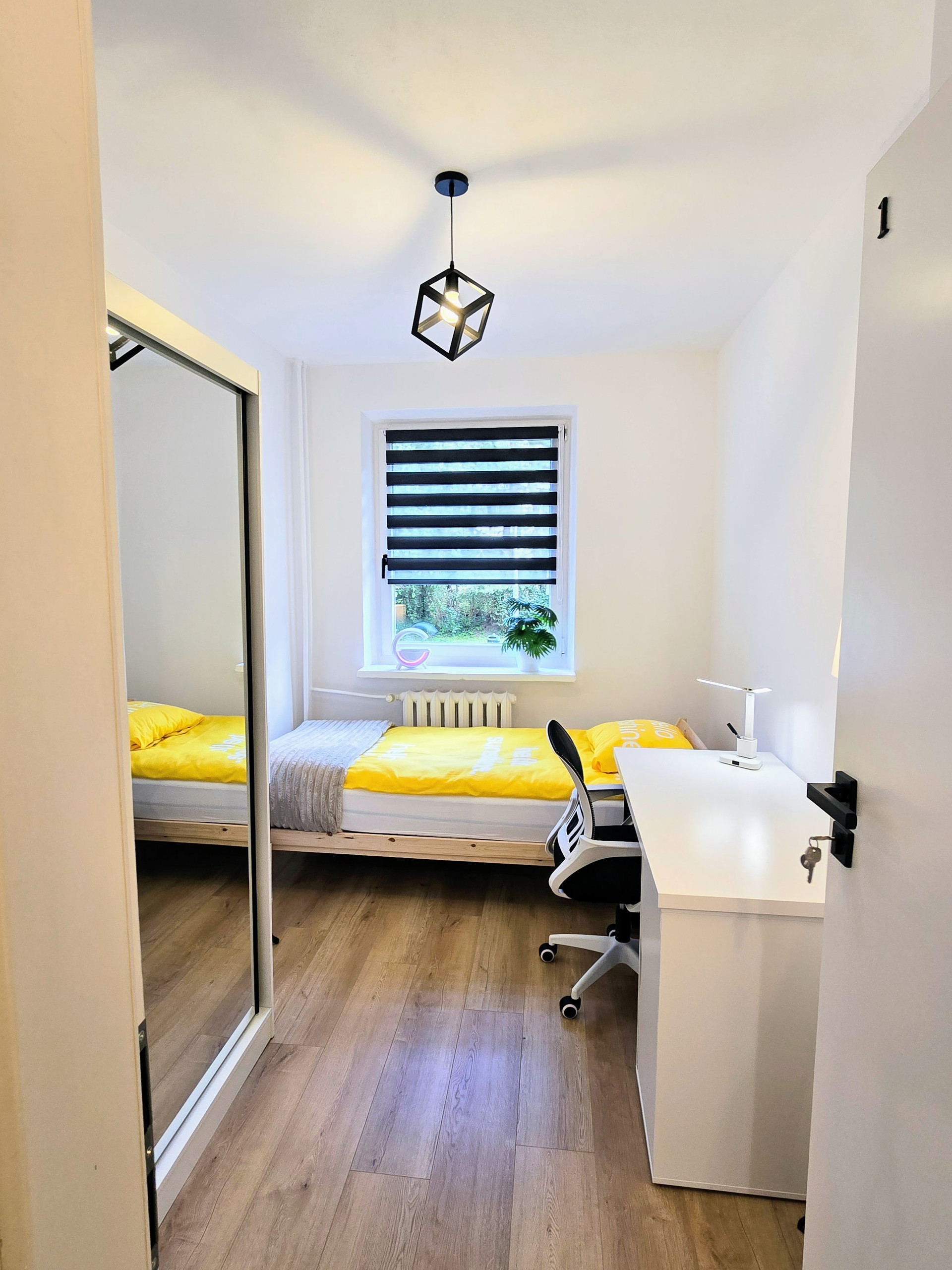 Bedroom with desk and mirrored wardrobe