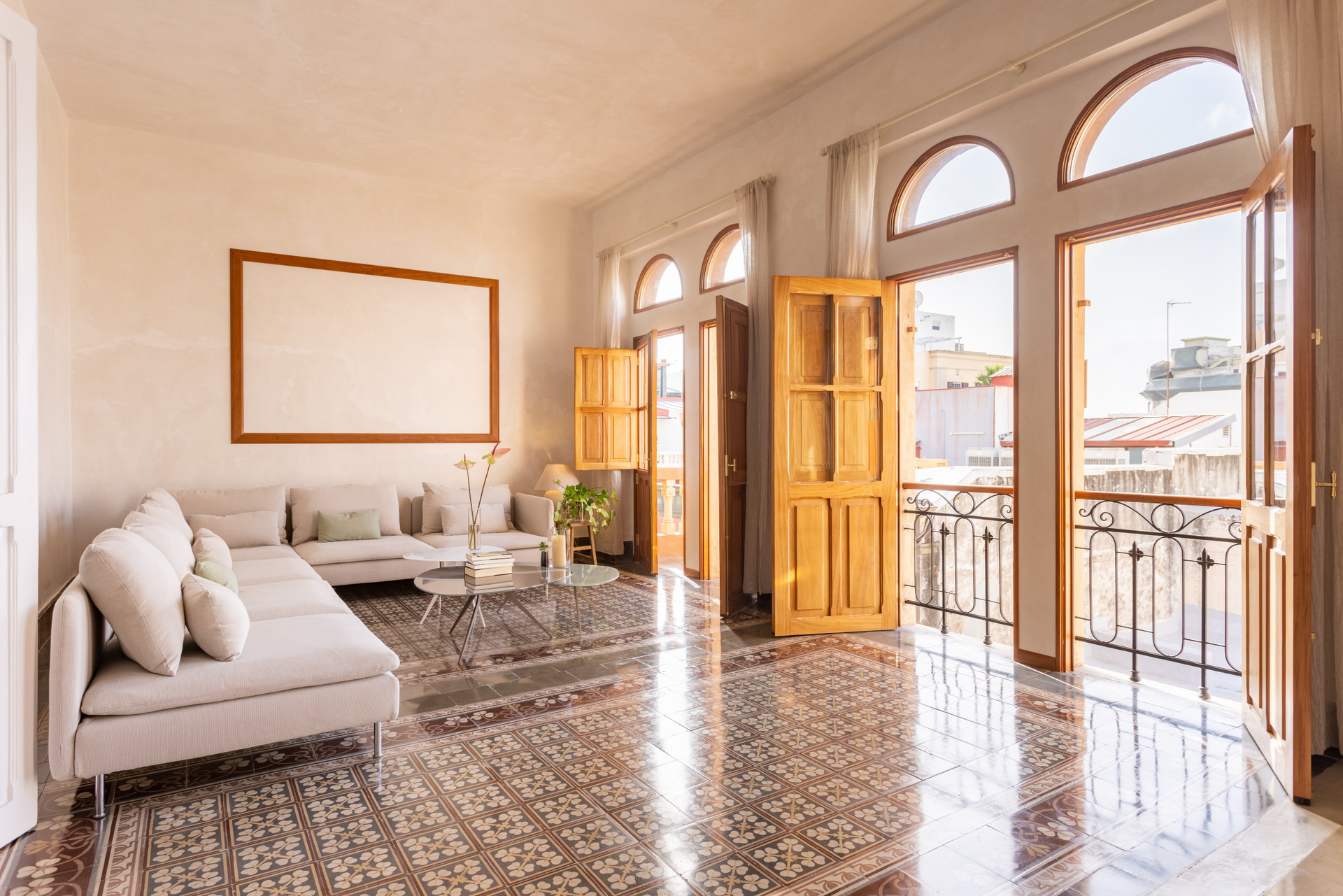 Living room with balcony doors open