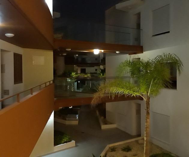 Night view of courtyard walkway