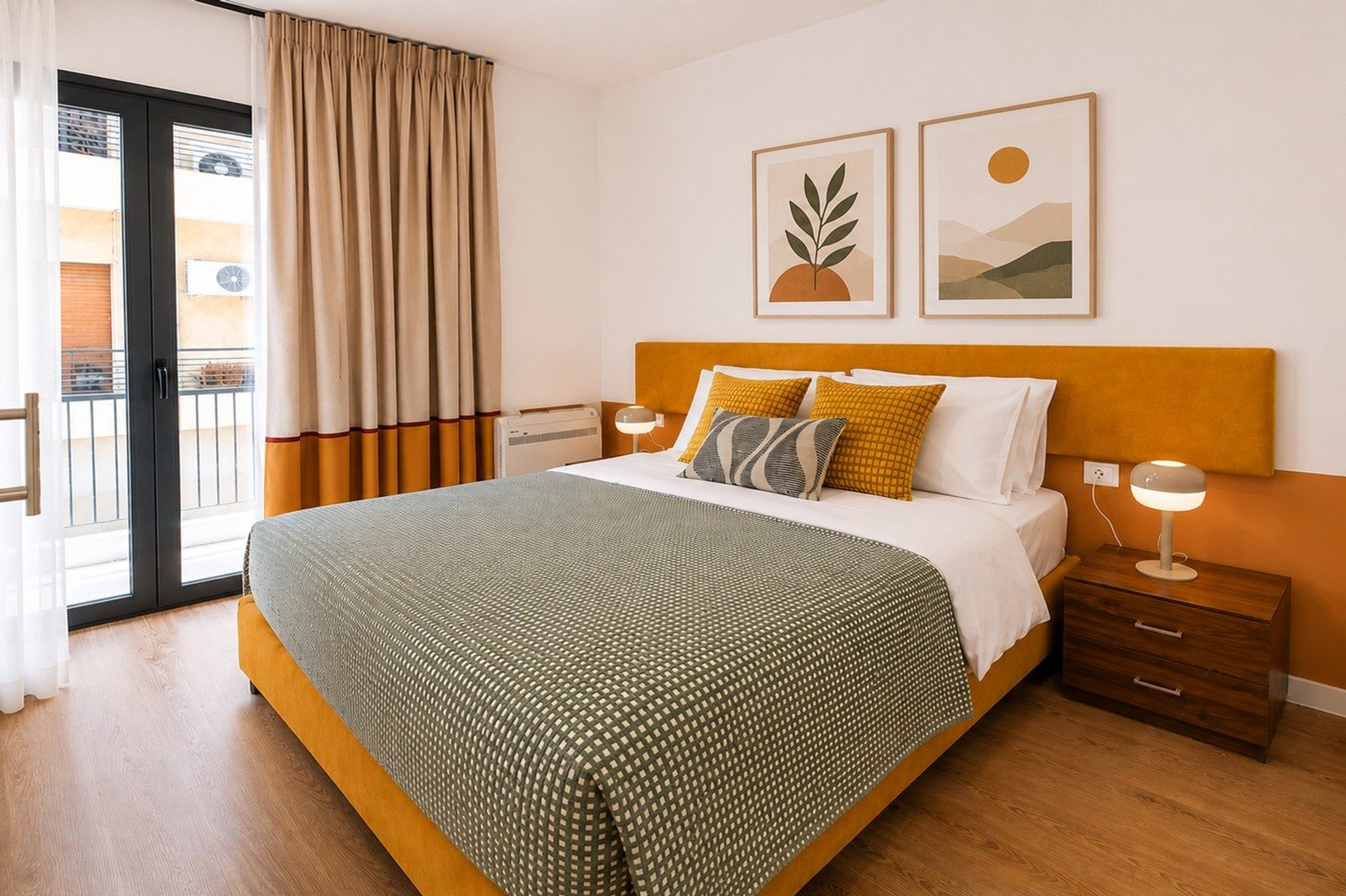 Bedroom with orange headboard