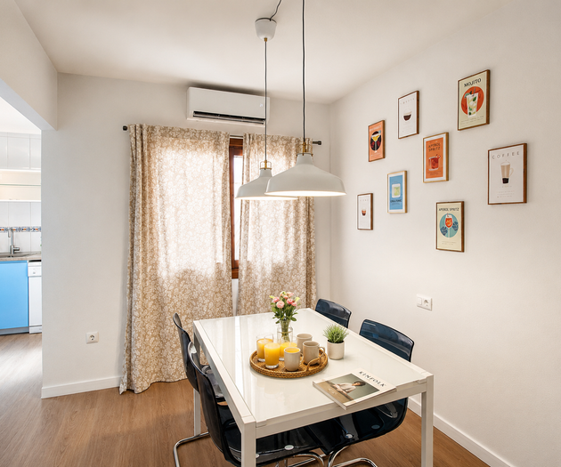 Dining nook with decor wall