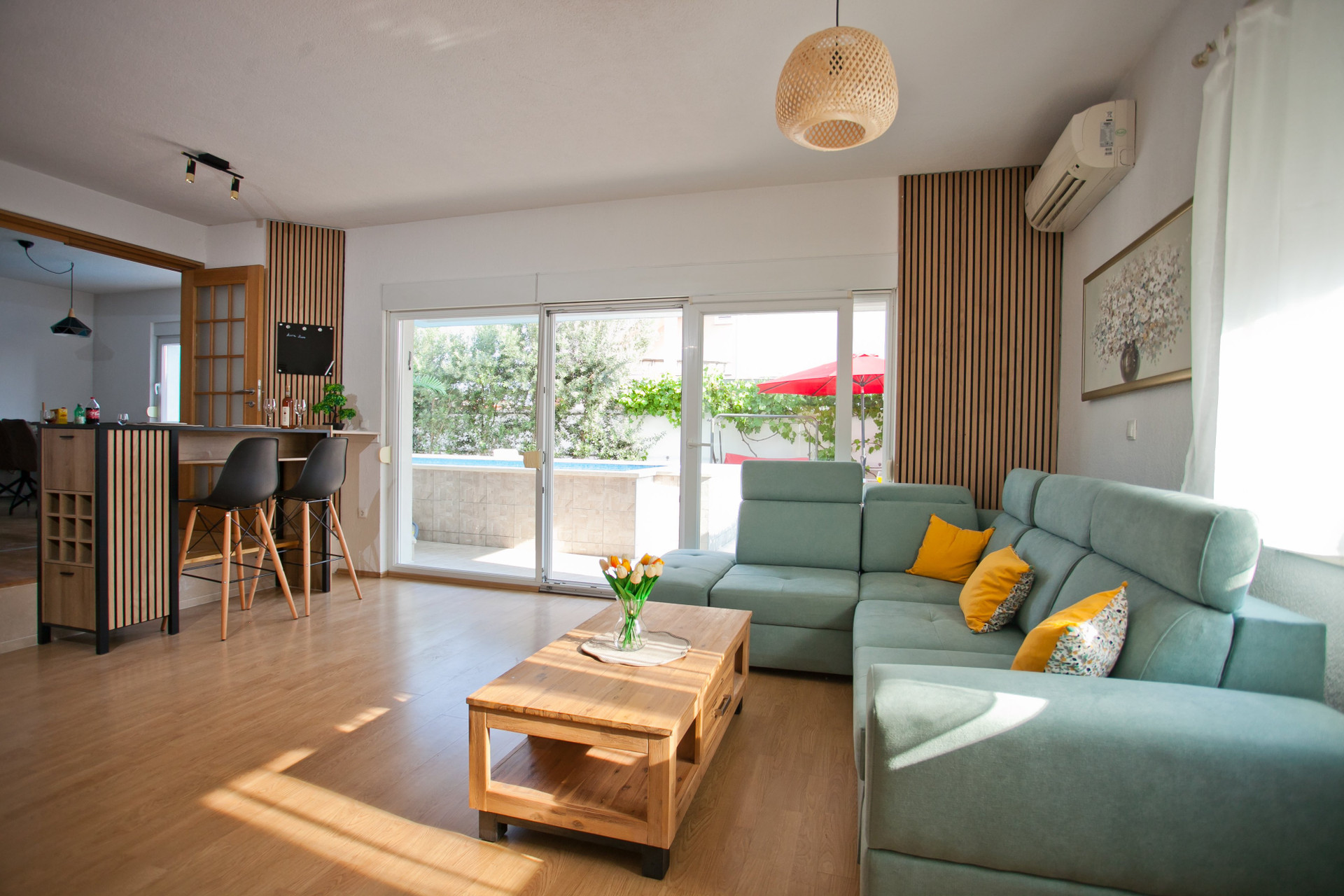 Bright living room with sofa