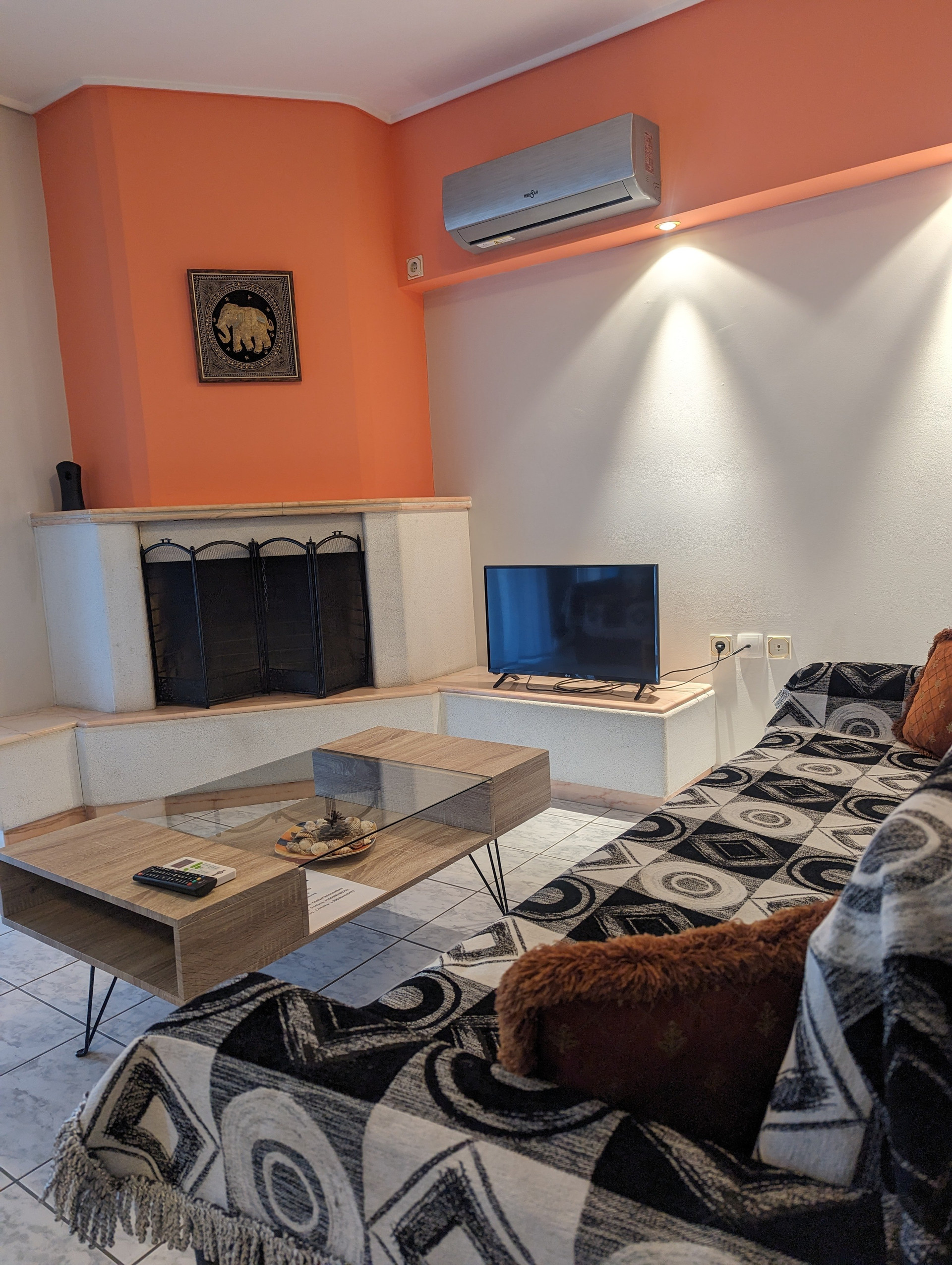 Living room sofa fireplace TV
