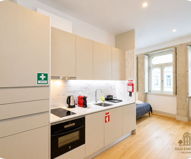Kitchen with window and bed