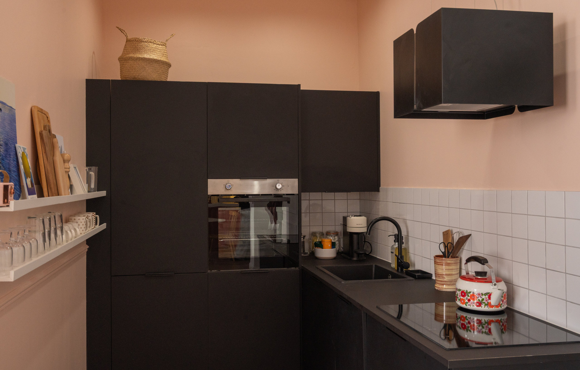 Modern black kitchen with oven
