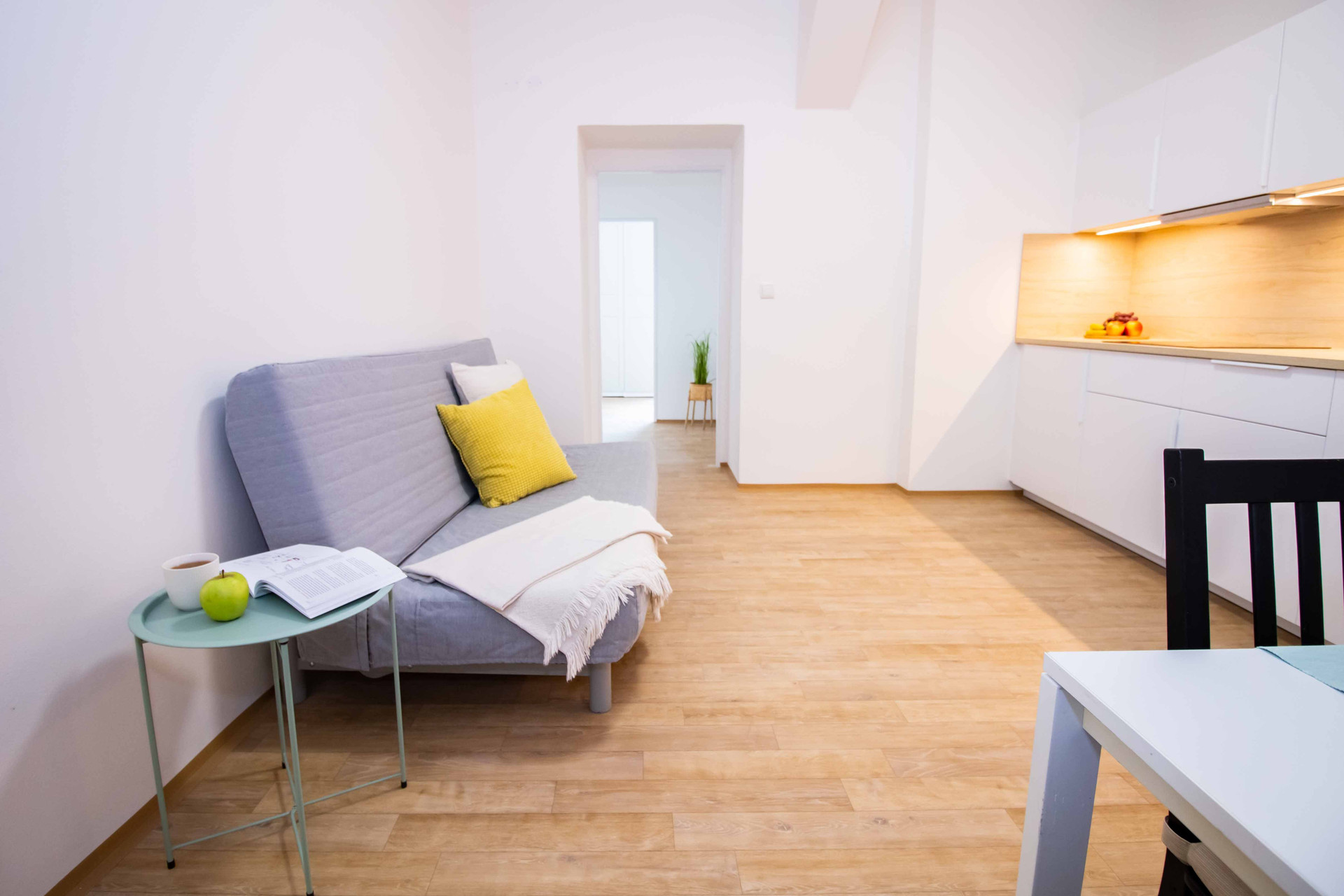 Living area sofa with kitchen view