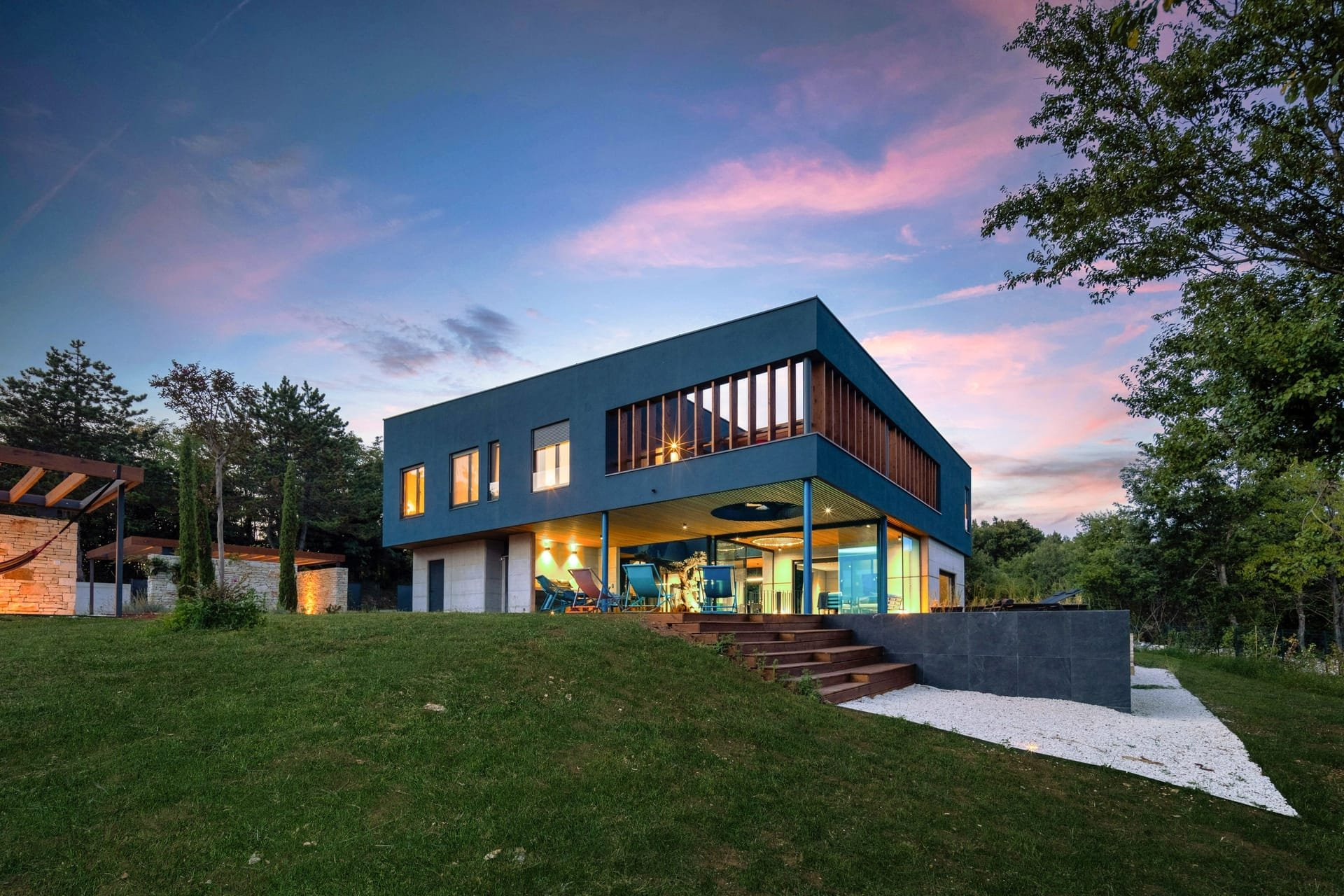 Villa exterior at dusk sunset
