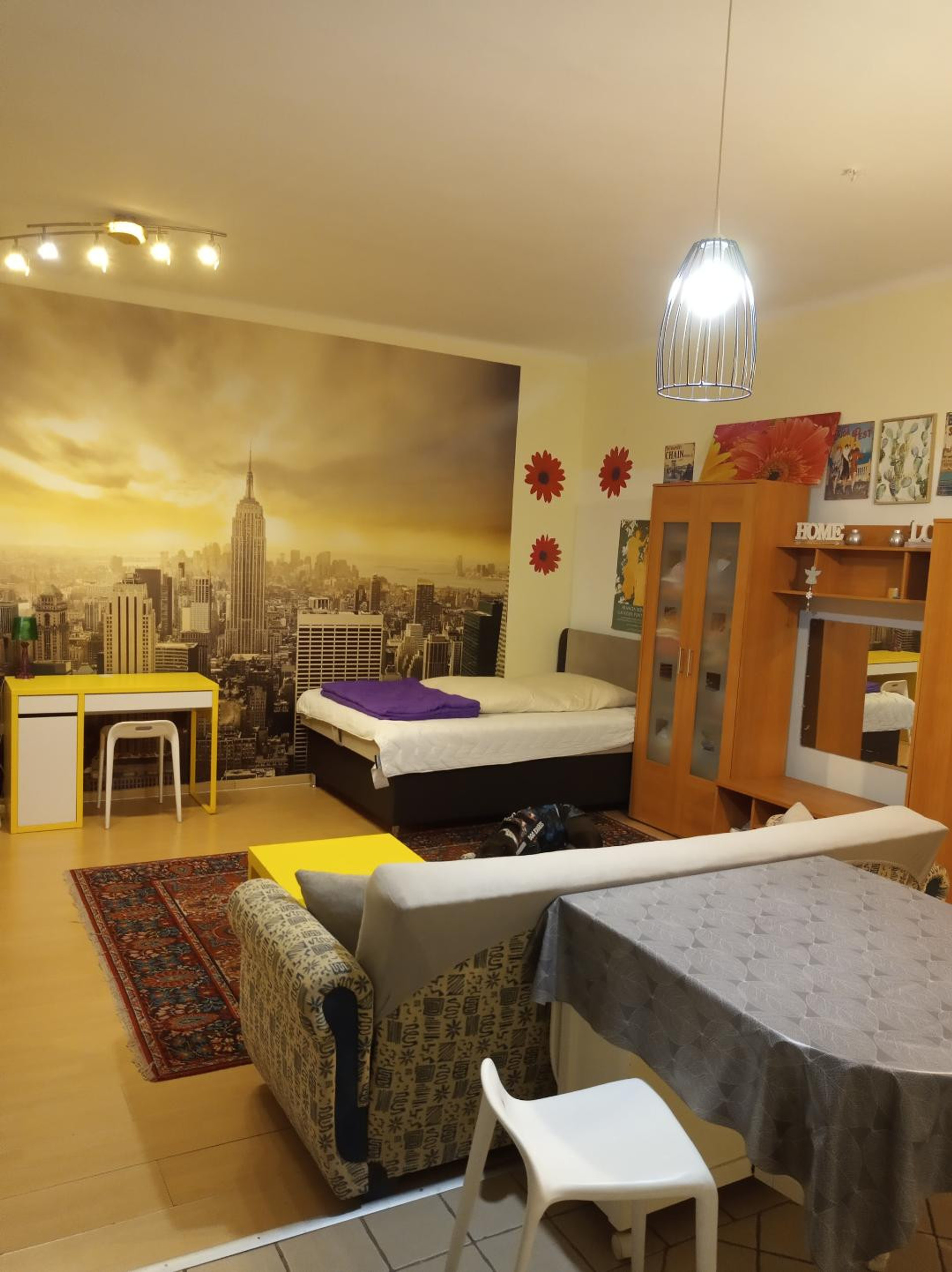 bed with closet in living space area with mirror 