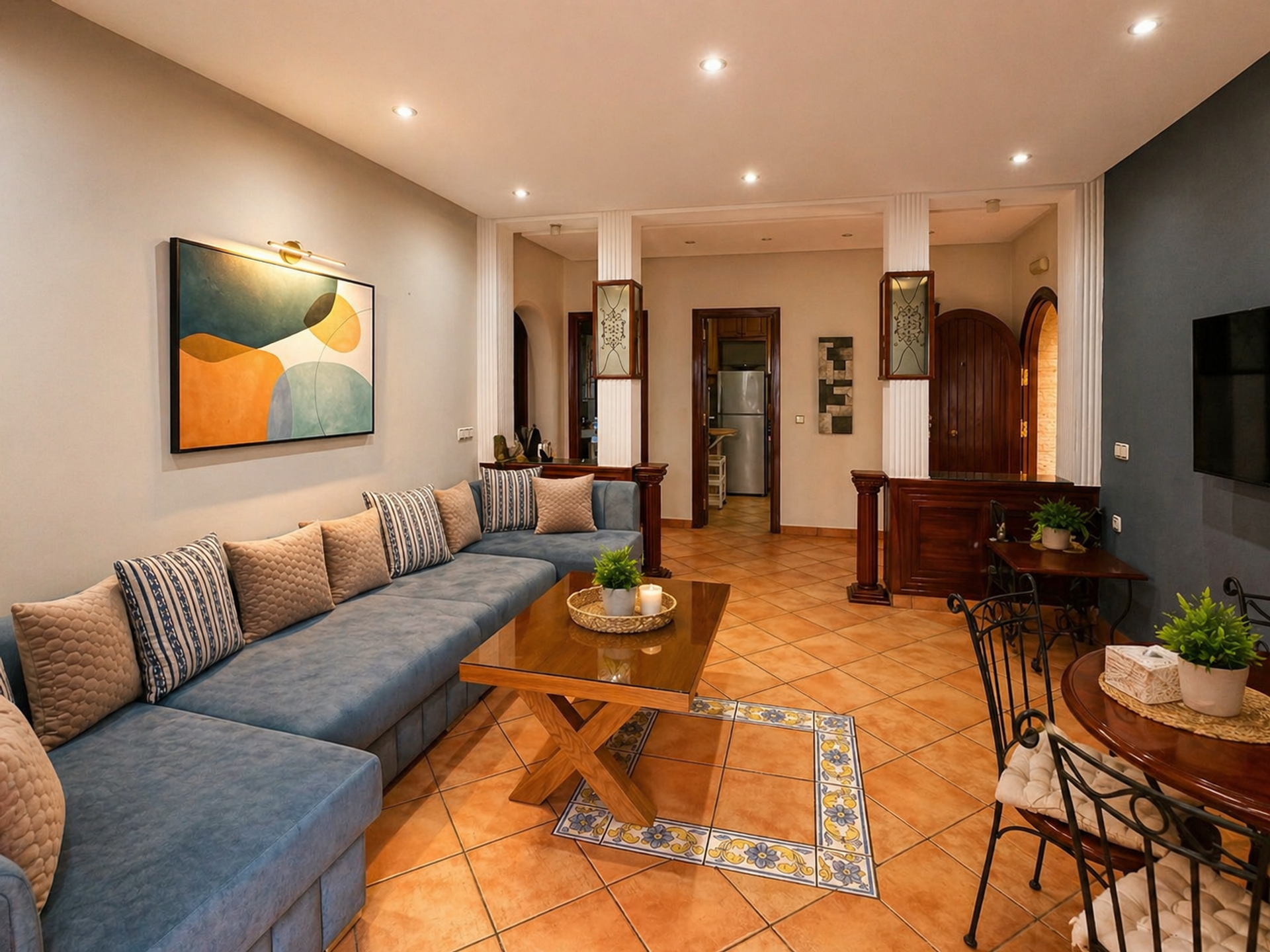 Living room with blue sofa