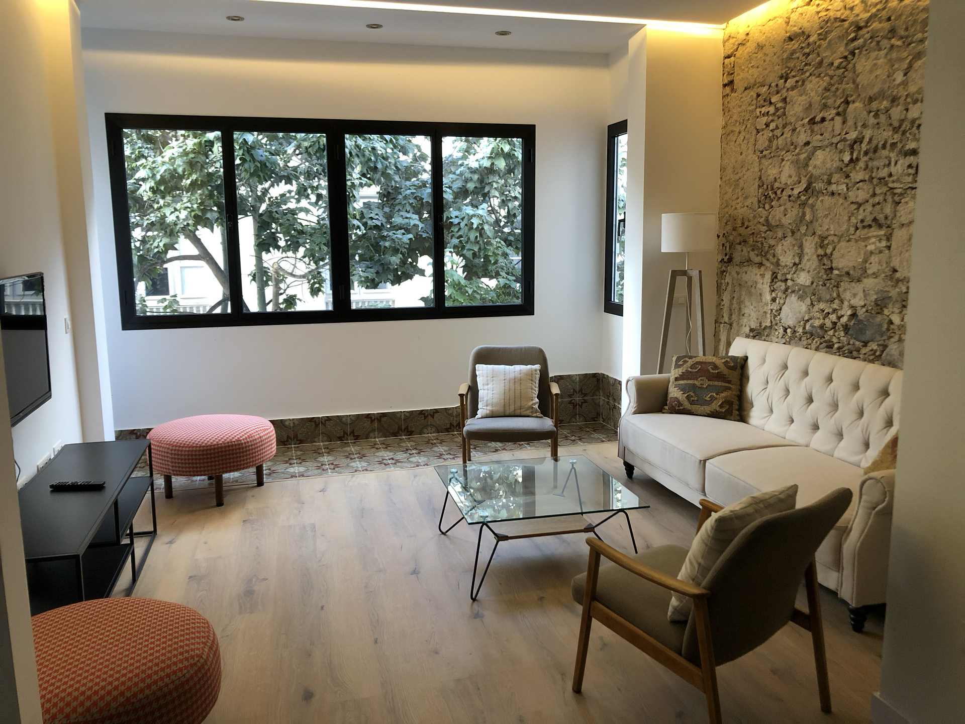 Bright living room stone wall