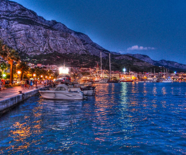 Evening harbor with lights