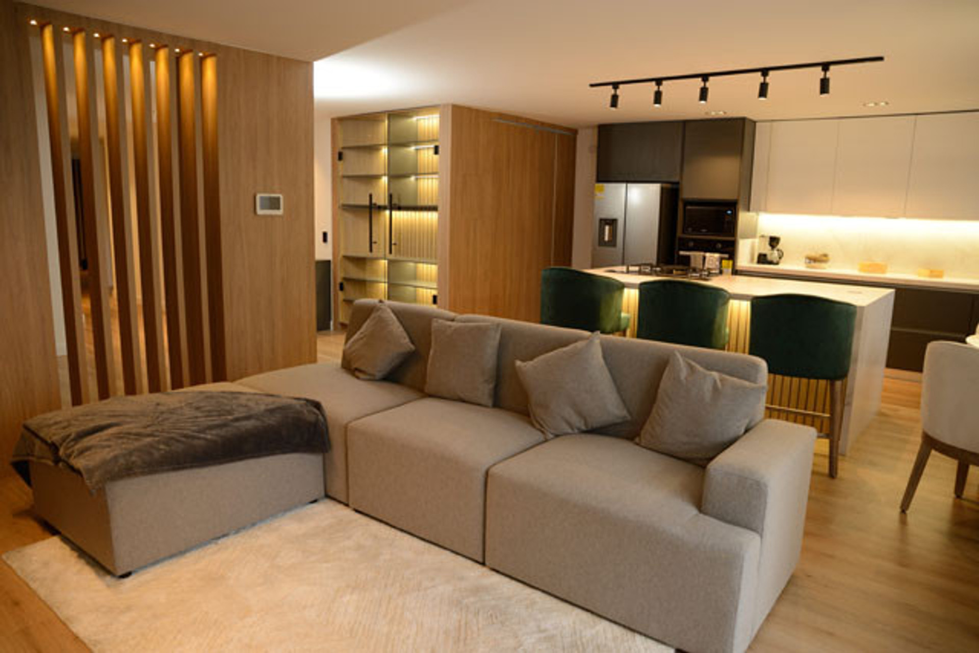Open living room, kitchen, and dining area