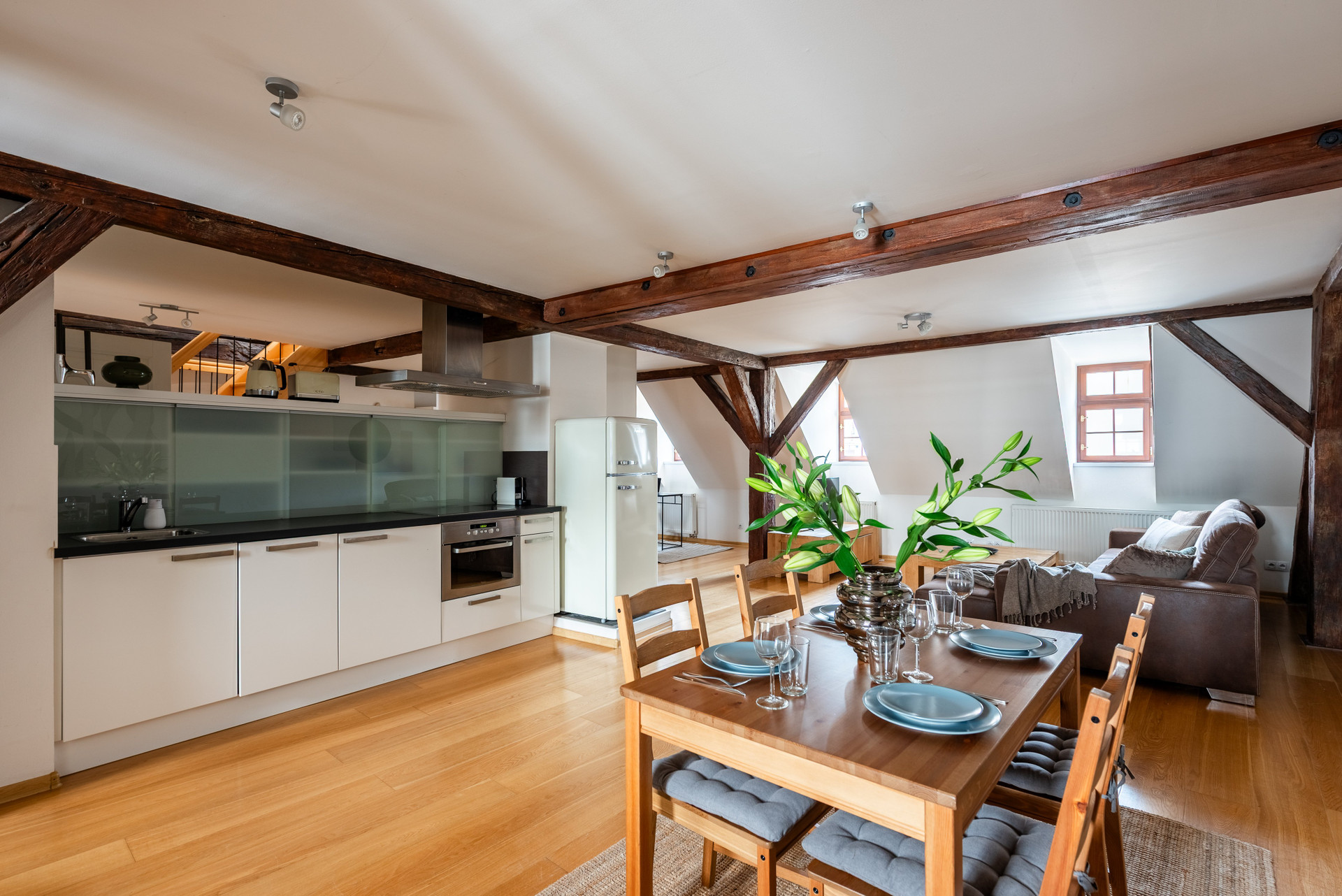 Kitchen and dining with beams