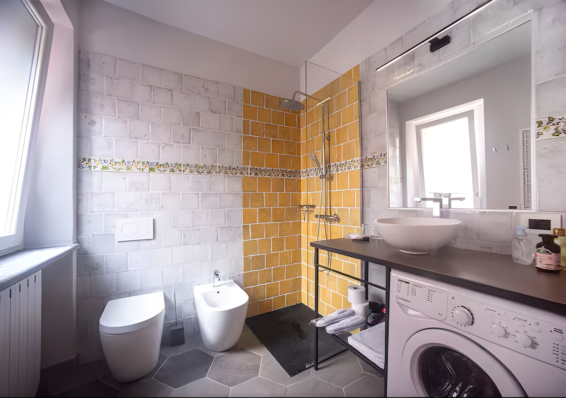 Bright bathroom yellow tiles shower