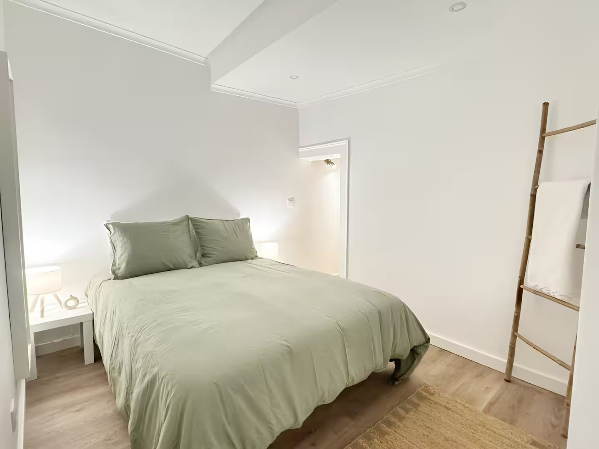 Bright bedroom double bed ladder