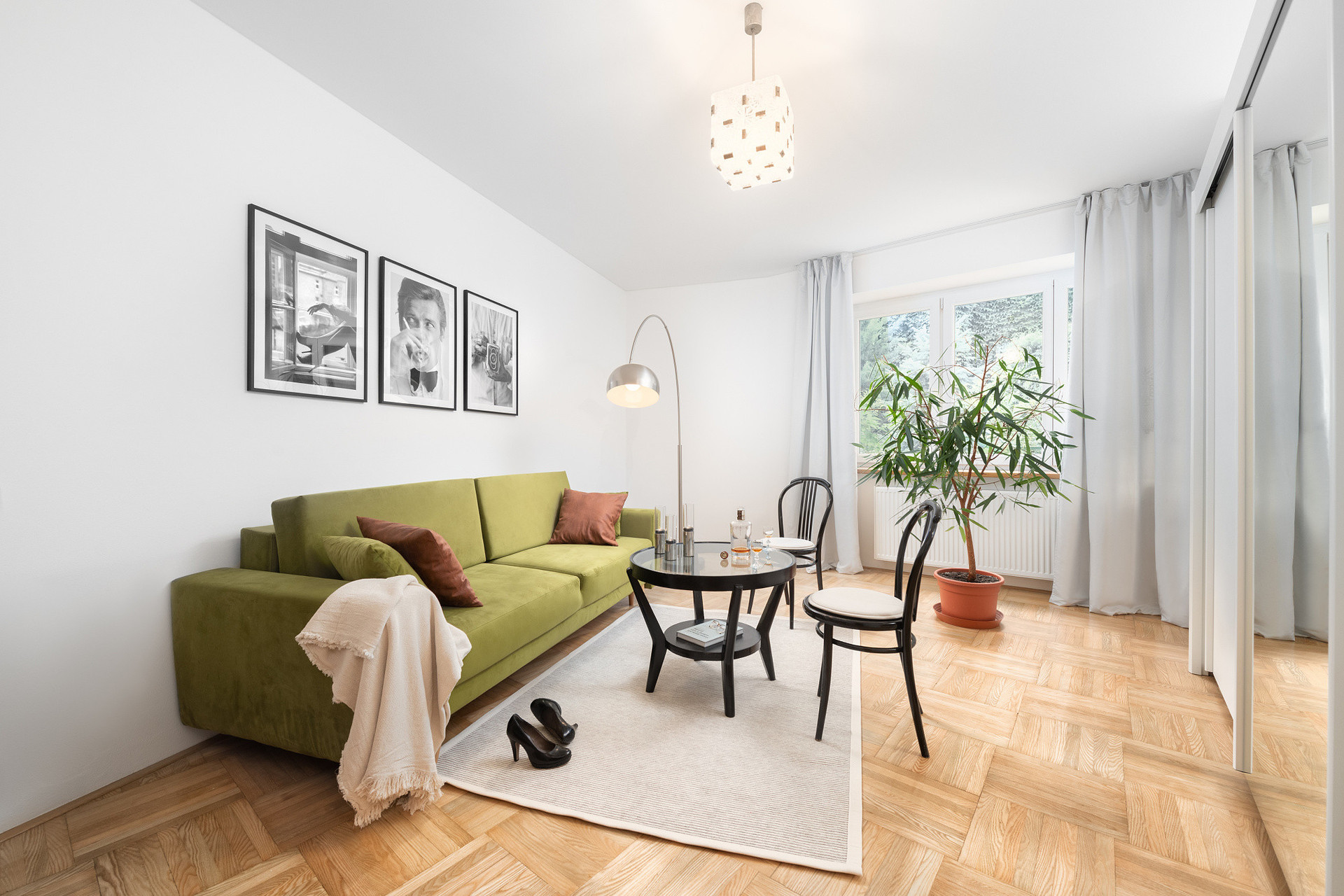 Currently, the room has an extra table for working from home. The sofa can be easily unfolded, and the memory foam mattress is comfortable for sleeping for two people if needed.
