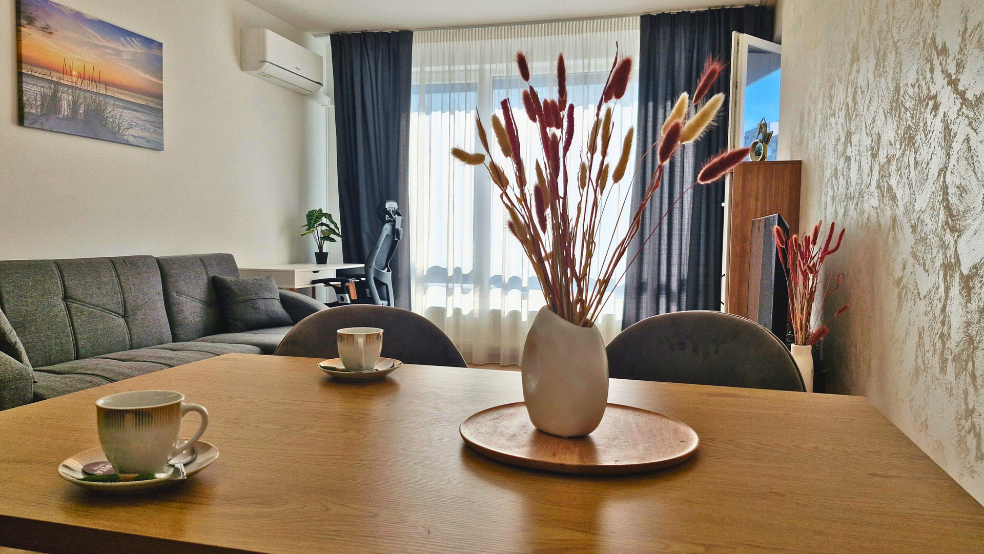 Dining table with living room view