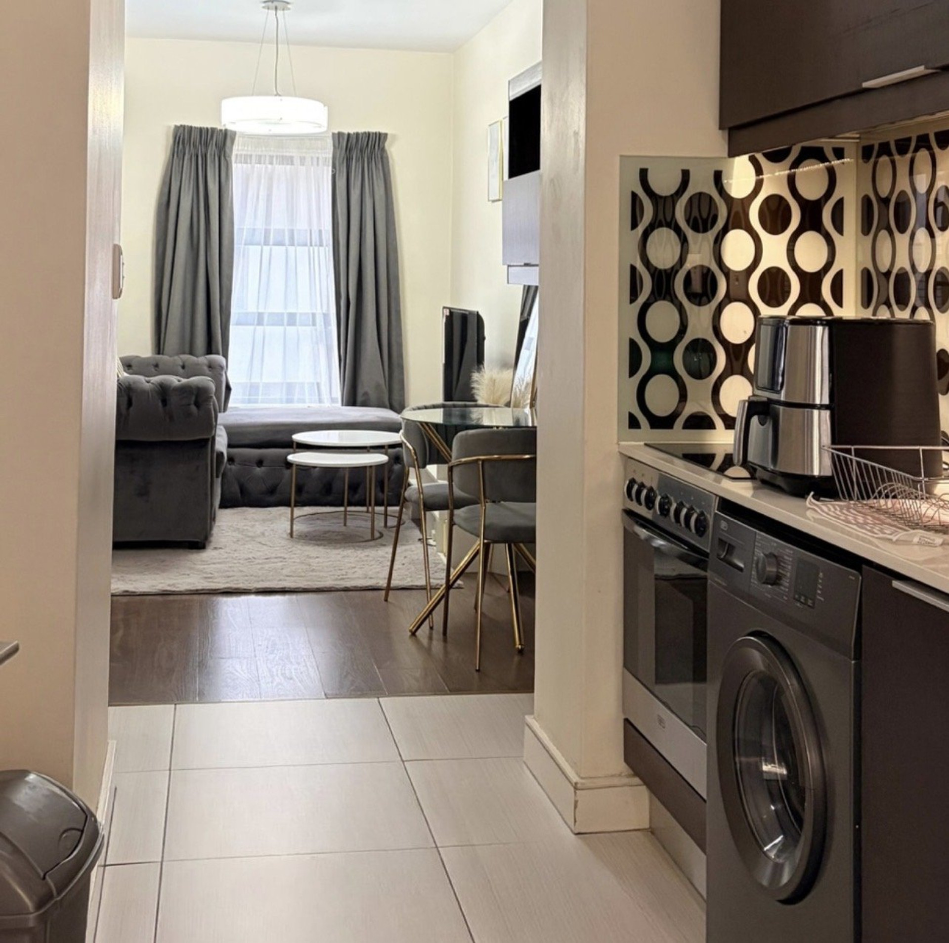 Open living room and kitchen view