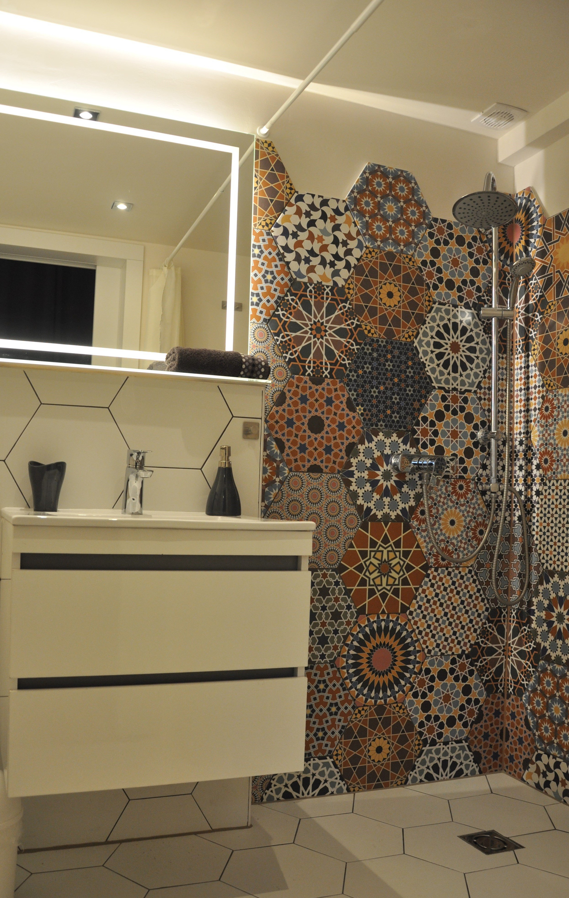 Bathroom with mosaic tiles walk-in shower