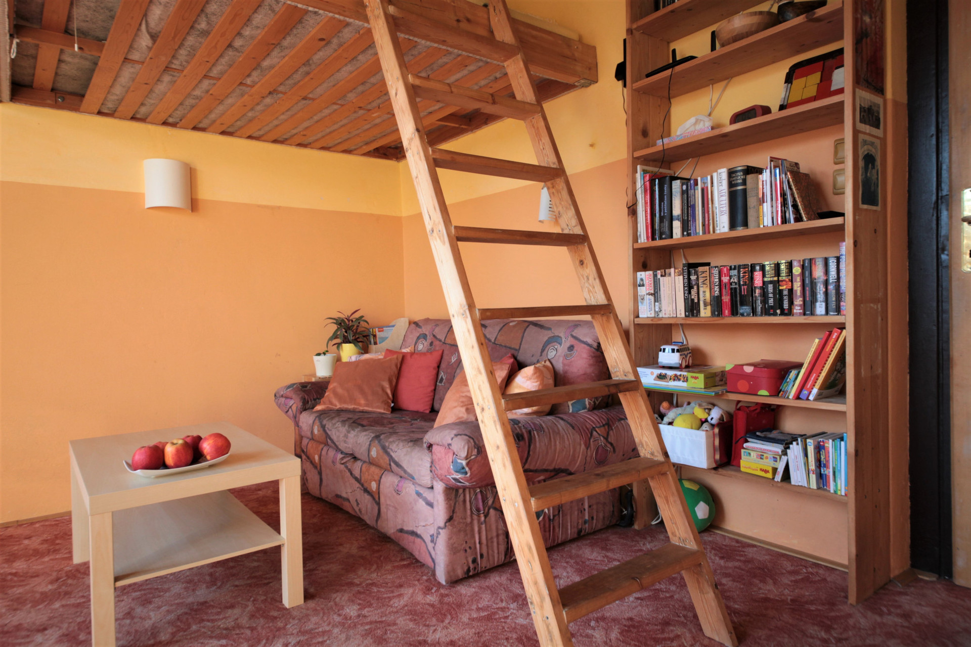 The double loft bed is accesed by a ladder