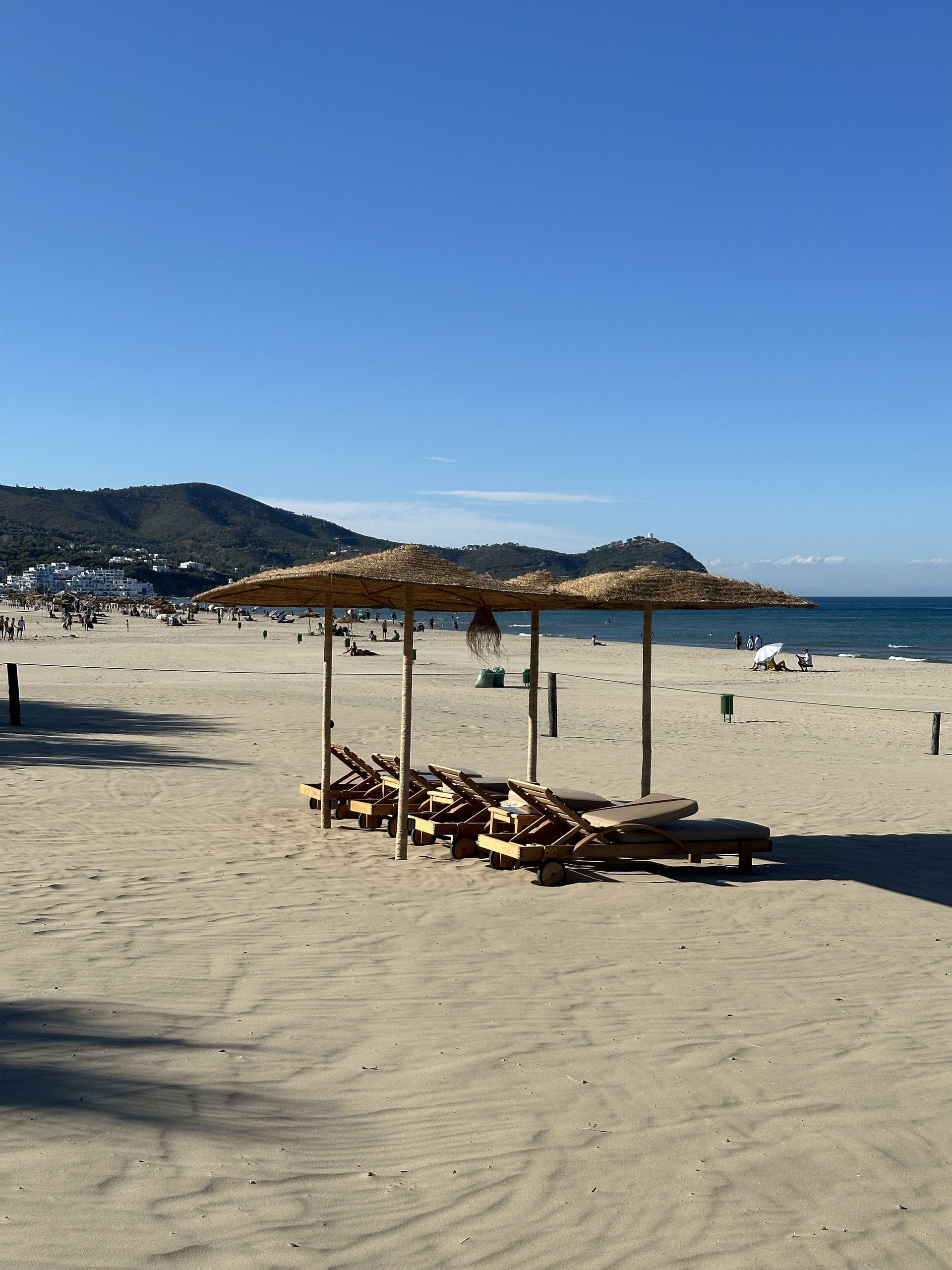 Beach with lounge chairs