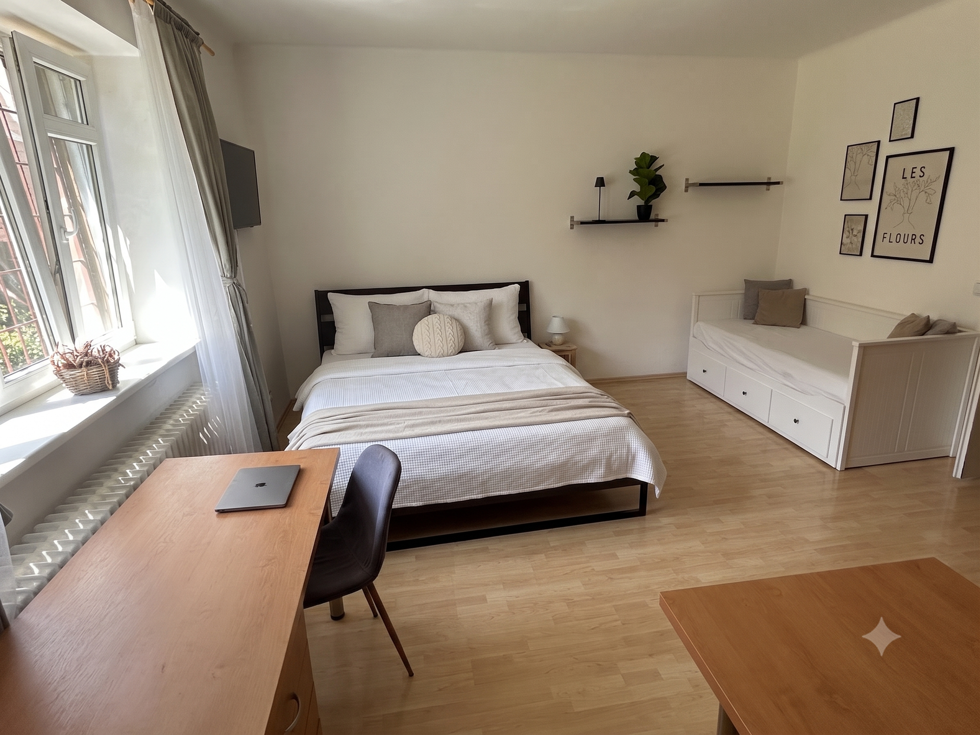Spacious bedroom with desk and sofa