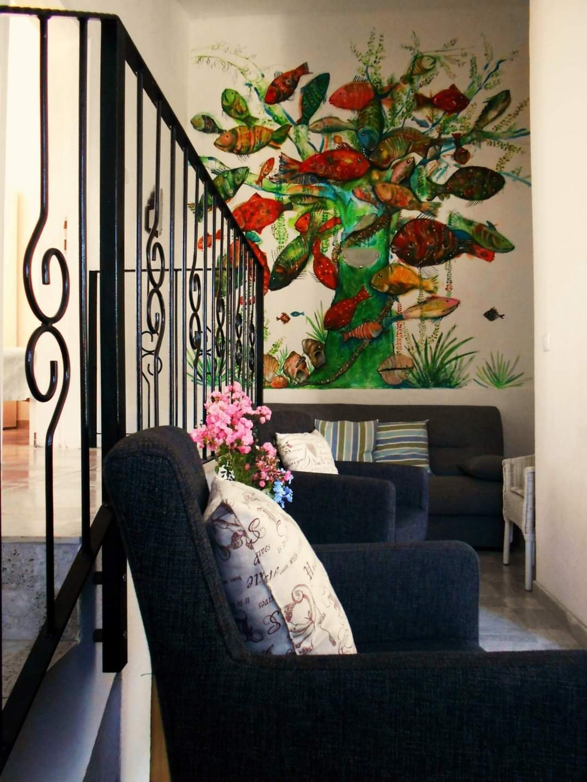 Lounge area with fish mural