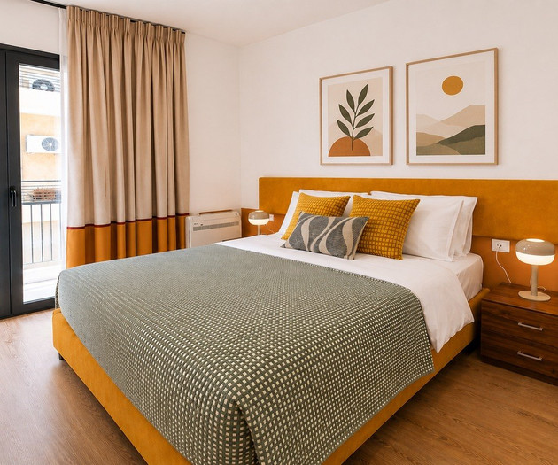 Bedroom with orange headboard