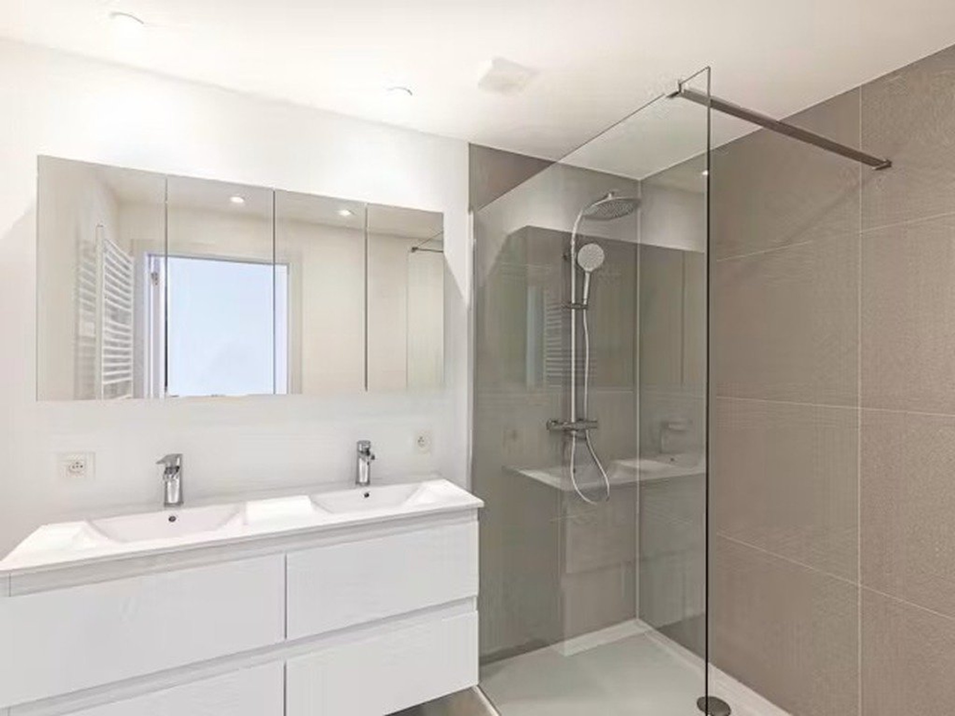 Modern bathroom double sink walk-in shower